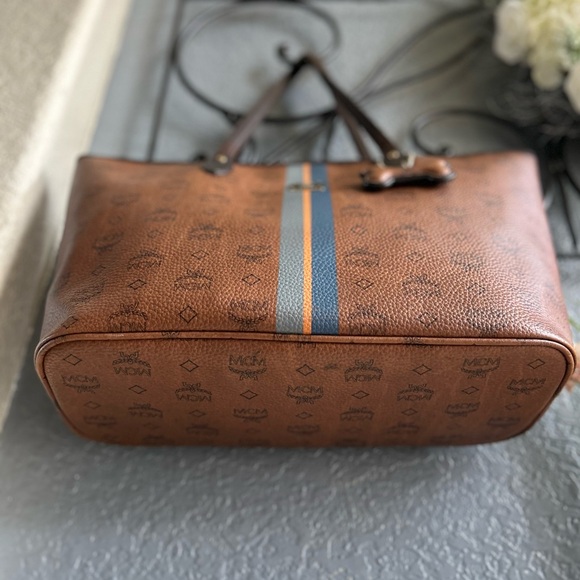 MCM Visetos Dog Bone Striped Shopper Tote Bag Cognac Brown & Blue - Picture 8 of 16
